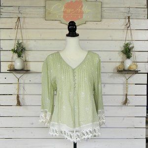 NWT Adiva Button-Down Green Blouse with Crochet trim